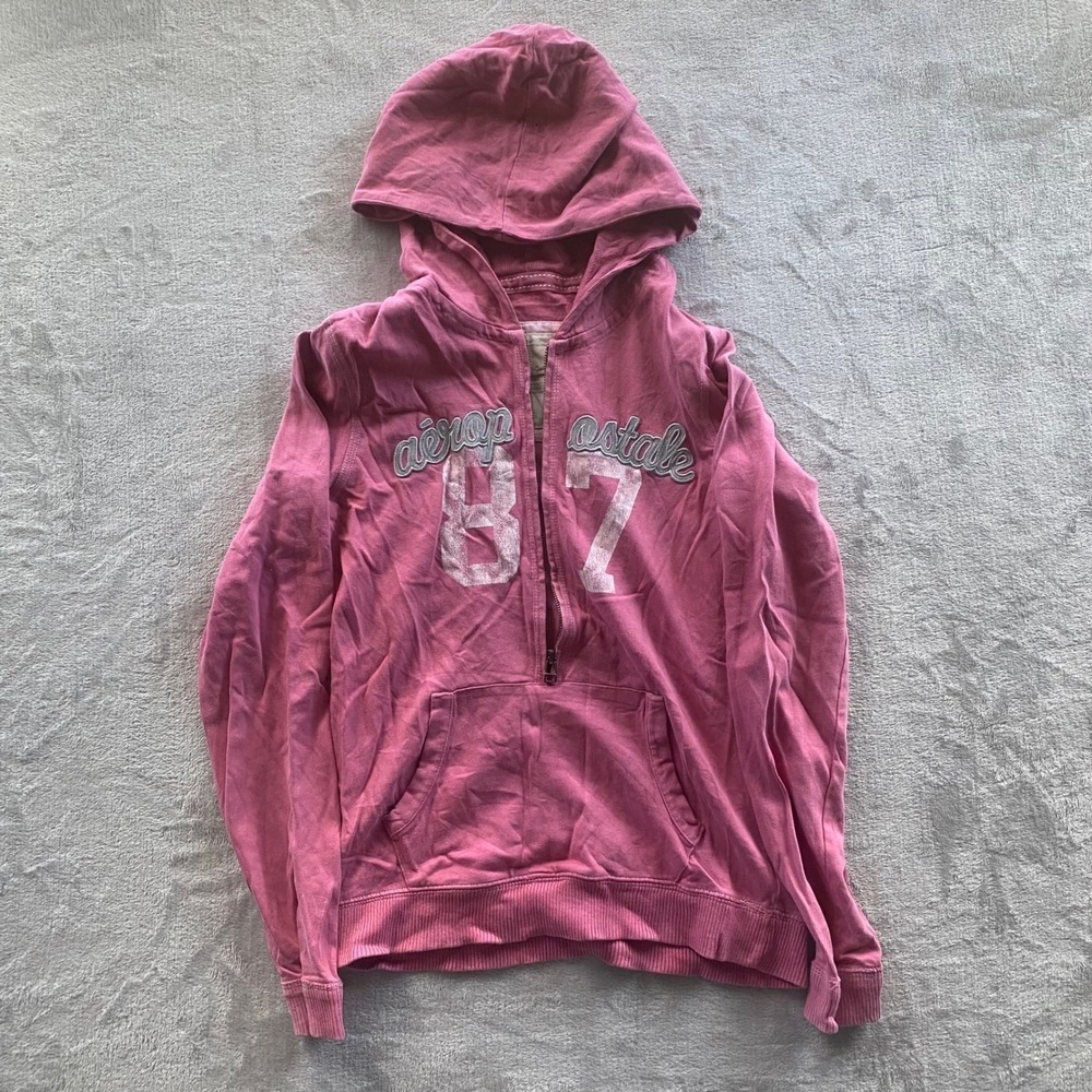 Vintage Y2K Aeropostale Aero Hoodie Womens Size Large Pink 1/2 Zip Logo